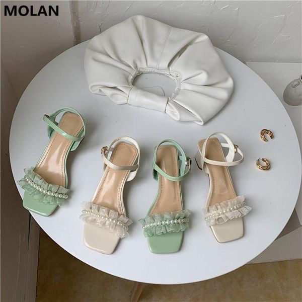 

dress shoes molan brand designers 2021 summer luxury elegant pearl string bead lace square heels lady sandals women, Black