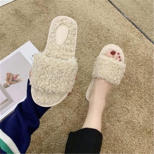 

winter fashion women home slippers faux fur warm shoes woman beige basic flats female 1.5cm heel plus size 36-45, Black