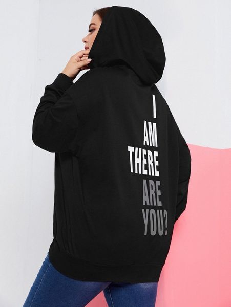 

plus slogan graphic drop shoulder drawstring hoodie r8wc#, Black