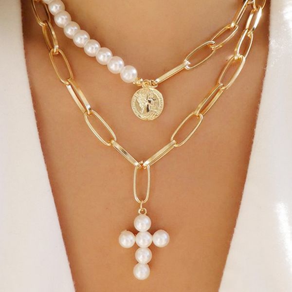 

bohemian coin pearl cross pendant choker chain necklace for women vintage gold color multi-layer fashion necklace jewelry, Silver