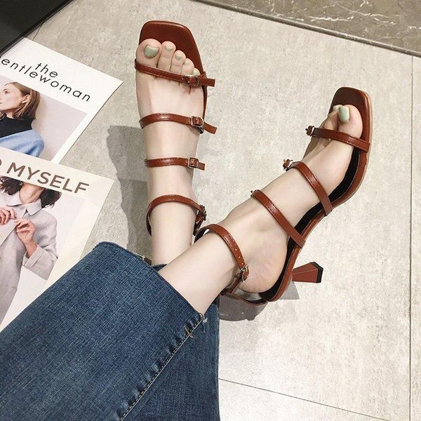 

leather buckle strap 5cm heels sandals women's summer shoes fashion ladies casual party female beige brown 2021, Black
