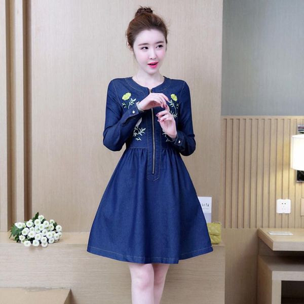 

casual dresses 2021 spring vintage denim dress long sleeve autumn women jeans zipper embroidery high waist knee length dark blue, Black;gray