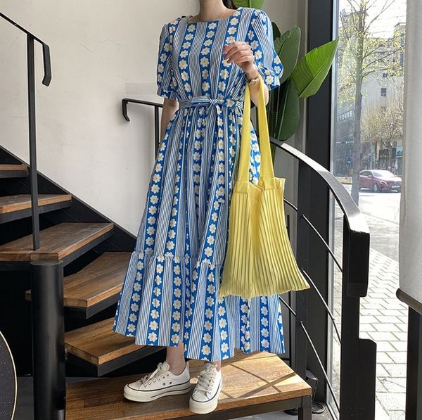 

summer designer long dresses women's vintage puff sleeve floral print patchwork pleated dress elegant slim party dresses 210514, Black;gray