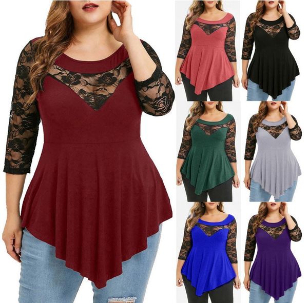 

women's plus size spring and summer wear large flower lace solid color irregular hem perspective round ne top