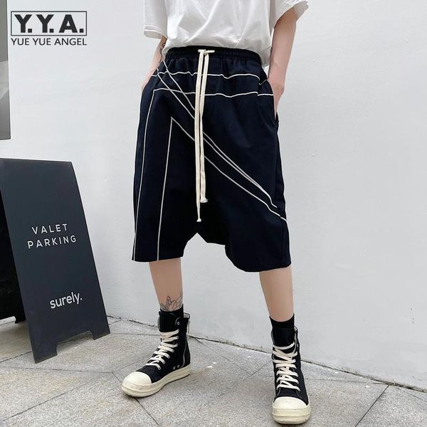 

men's pants summer mens drop crotch harem calf length elastic waist hip hop harajuku striped joggers man casual streetwear, Black