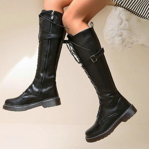

boots 2021 autumn winter fashion knee high women zipper buckle motorcycle cross tied round toe low heel lady shoes, Black