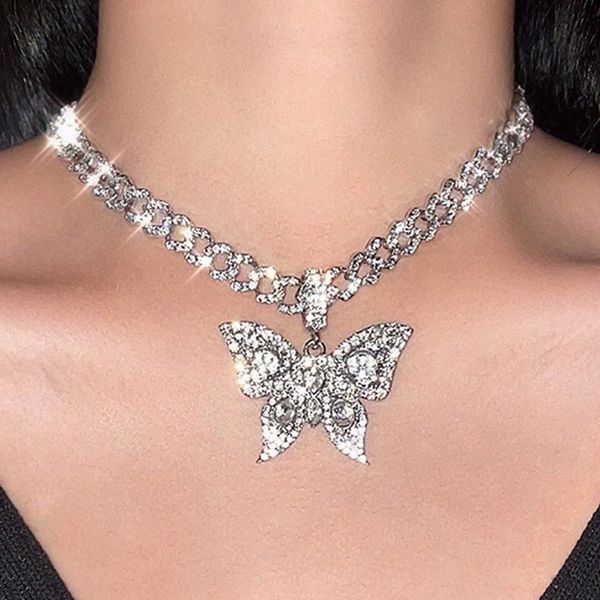 

chains vintage butterflys cuban link chain necklace for women animal rhinestone pendant necklaces 2021 hip hop punk luxury jewelry, Silver