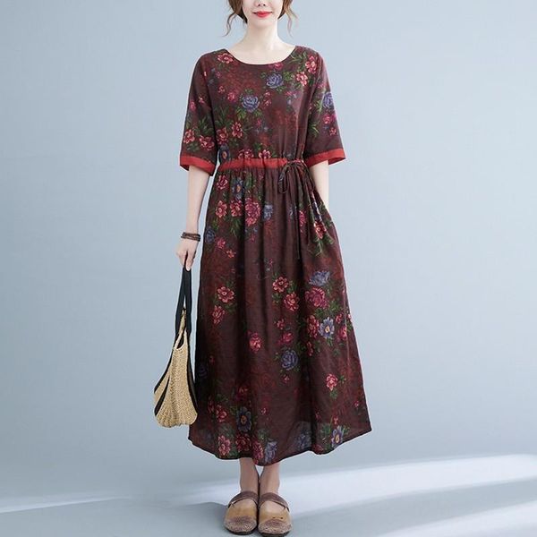 

party dresses women cotton linen casual dress arrival 2021 summer vintage style floral print loose female a-line long b535, White;black