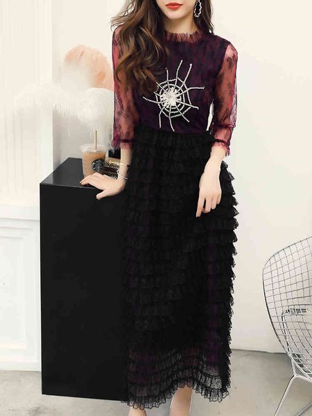 

dresses long autumn winter evening club women hand made beading deco cascading ruffle lace sexy, Black;gray