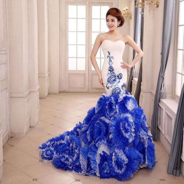 

ethnic clothing blue and white porcelain chinese evening dresses long cheongsam fashion shows trailing oriental style bride party gowns chin, Red