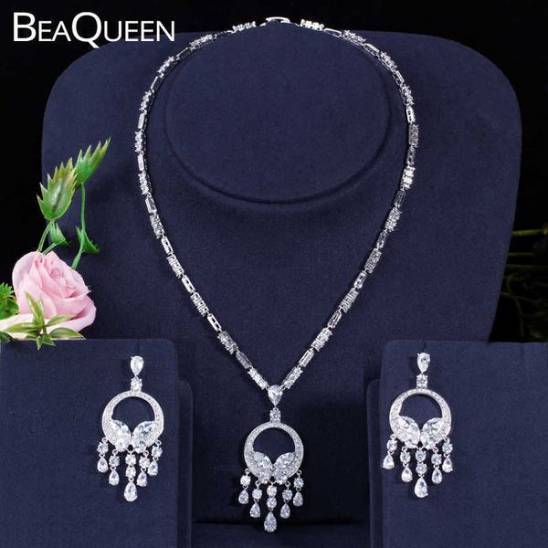 BeaQueen Luxury Women Wedding Bigiotteria Cubic Zirconia Cristallo Lungo Nappa Orecchini pendenti Collana Set per le spose JS024 H1022