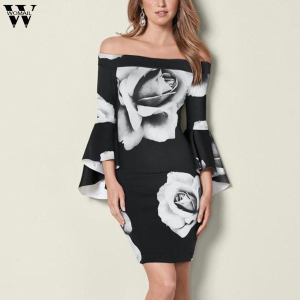 

fashion mini dress 2021 women rose floral printed long flare sleeve word shoulder bodycon party dresses vestidos #j casual, Black;gray