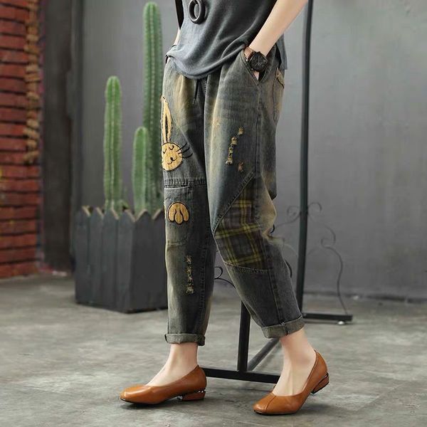 

women's jeans autumn arts style women elastic waist loose ripped patchwork embroidery vintage cotton denim harem pants plus size s5261, Blue