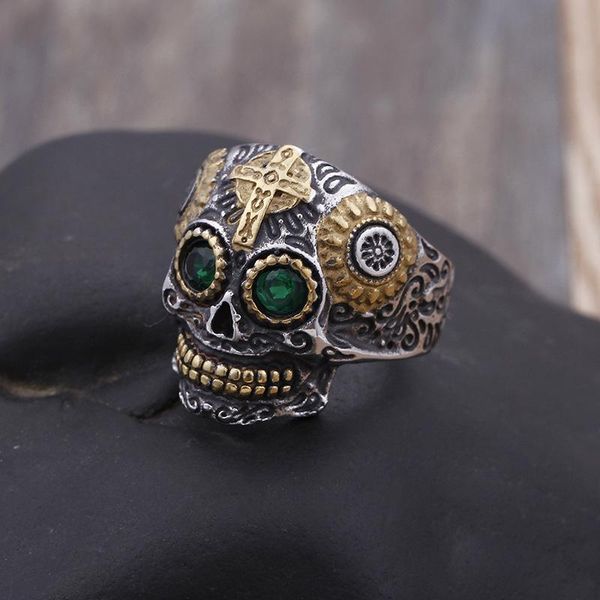 

cluster rings retro men's cross ring carved ghost stainless steel jewelry, Golden;silver