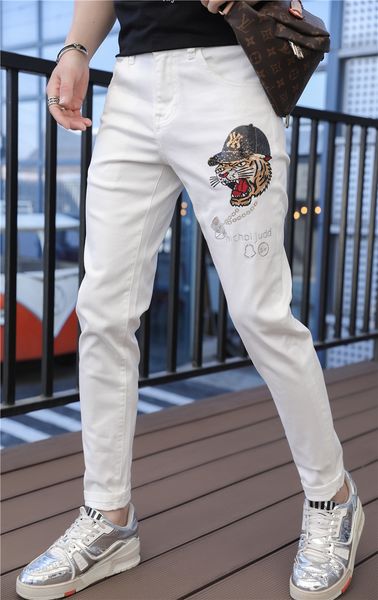 

jean spring/summer male fashion skinny white jeans thin microelastic feet embroidered drill pants beautiful, Blue