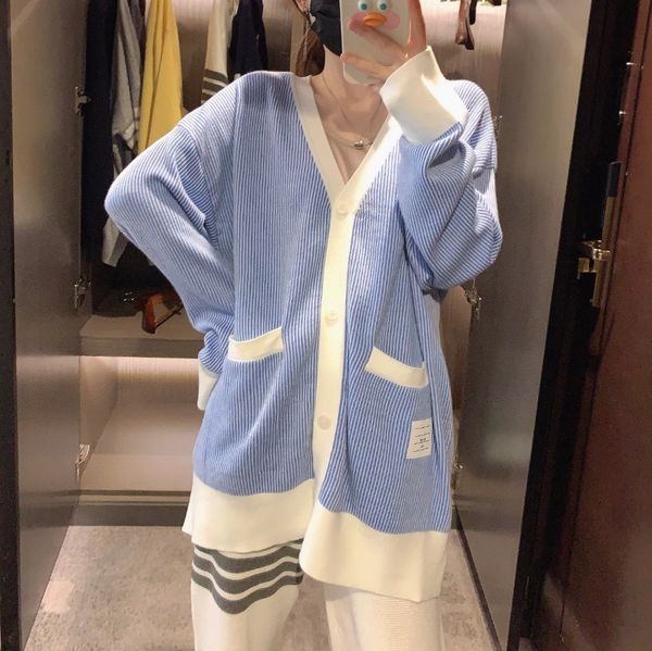 

tb 5231 college style vertical stripe cardigan jacket sweet loose lazy fresh sweater women, White;black
