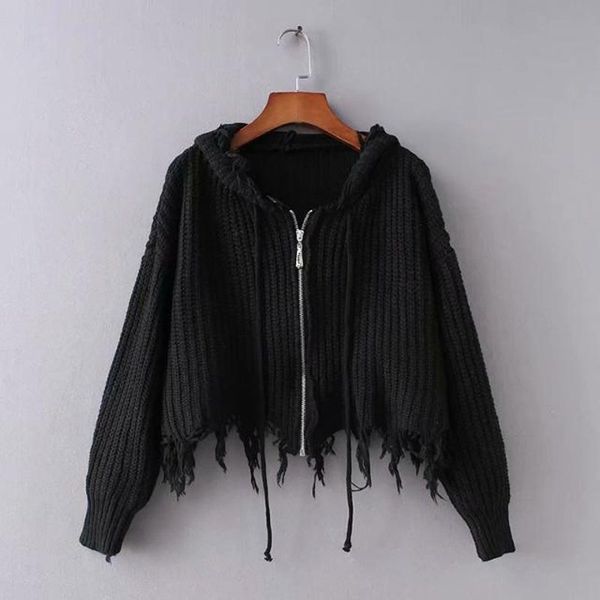 

women knitted cardigan black brown khaki sweater solid hood m0114 210514, White