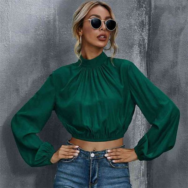 Primavera Outono Senhoras Blusa Camisas Mulheres Roupas de Manga Longa Crop Tops Turtleneck Escritório Elegante 210427