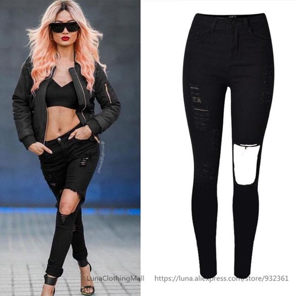 

women's jeans boyfriend high waist ripped skinny for women elastic denim pants black jean treetwear womens clothing plus size 44, Blue