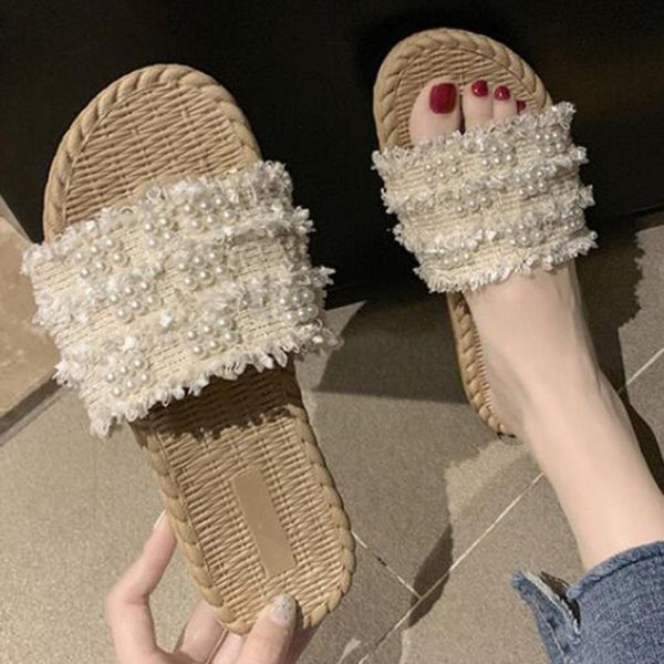 

slippers fashion anti-slip women footwear summer beach pearls beads shoes casual outdoor flat feminina mujer xx162, Black