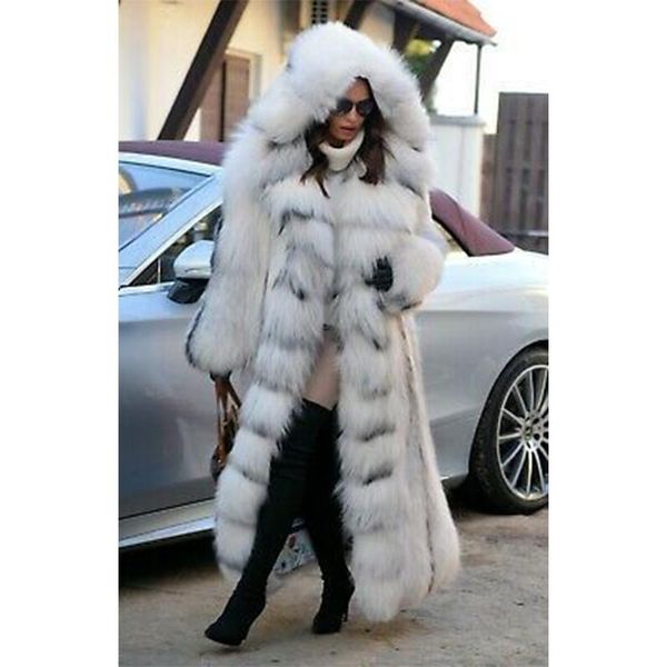 

women's fur & faux 2021 luxury 130cm long winter genuine full pelt jacket female natural real cross women coats hood, Black
