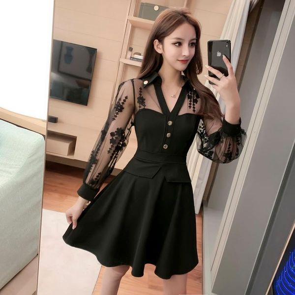 

casual dresses coigarsam women one piece korea dress autumn 2022 office lady full sleeve patchwork solid mesh high waist black, Black;gray