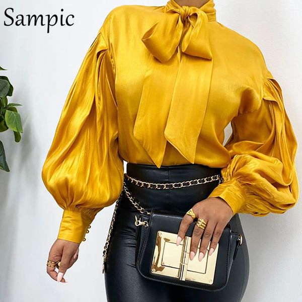

sampic women fashion female casual office turtleneck satin blouse shirt red vintage long sleeve blouse spring, White