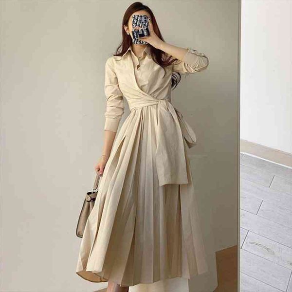 

[ewq] khaki simplicity cross women dresses straps to close the waist lapel long sleeve fashion tide spring autumn 2f0361, Black;gray