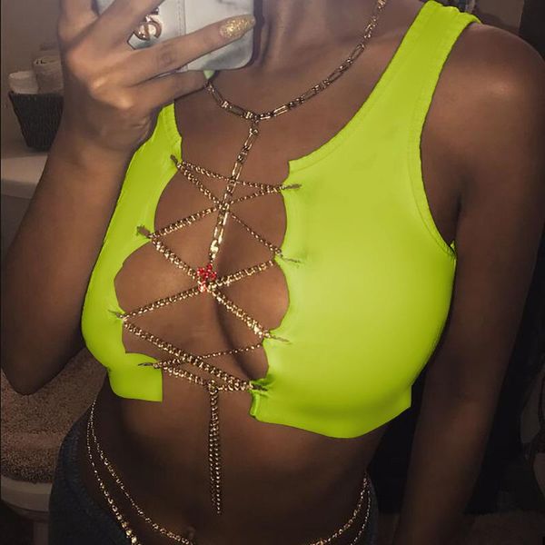 

women's tanks & camis open chest short sleeveless solid color suspender vest with metal chain white corset crop womens