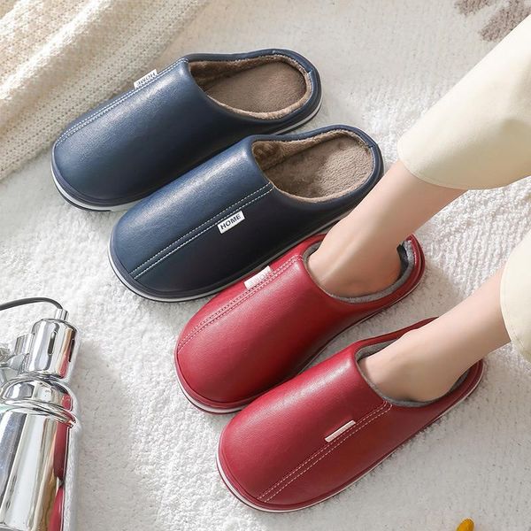 

house slippers woman short plush pu leather ladies 2021 antifouling home shoes for women candy color family, Black