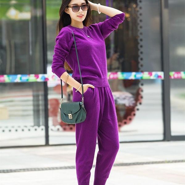 

women's two piece pants 2021 2-piece knitted sportswear high neck sweater + carrot jogging pullover set coat, White