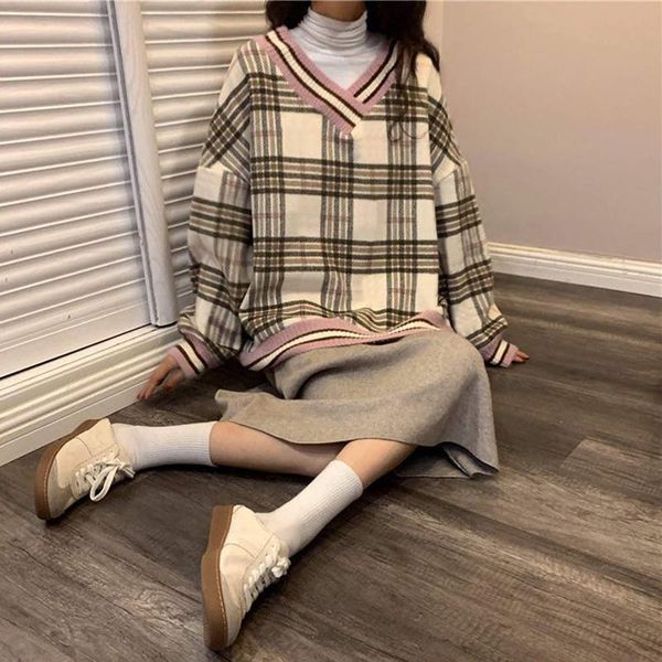 

women's sweaters retro plaid v-neck long sleeve oversized jumper pullovers women fashion korean harajuku pullover c9, White;black