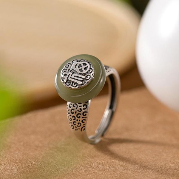 

cluster rings elegant inlaid natural hetian jade opening adjustable ring chinese retro blessing women's fine jewelry k0068, Golden;silver