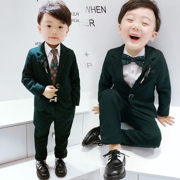 

clothing sets spring child suits 4parts coat pants tie brooch outfits flower boys dress wedding slim children blazer suit dark green,t118, White