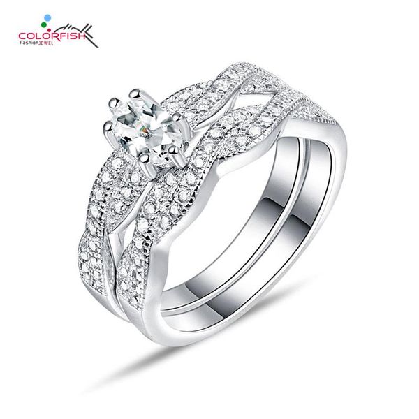 

cluster rings colorfish 925 sterling silver oval cut cubic zirconia twist band woman engagement wedding ring sets jewelry for, Golden;silver