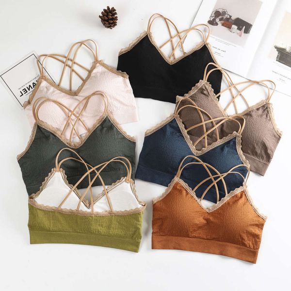 

lingerie girl candy color girl cross sling seamless back wrapped with breast pad lace bra without steel ring underpants, Black;pink