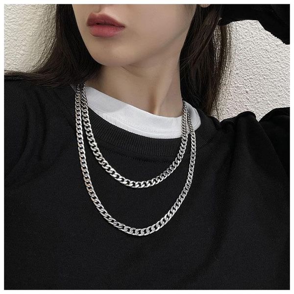 

chains fashion cuban chain necklace hip hop punk style stainless steel couple for men and women, Silver