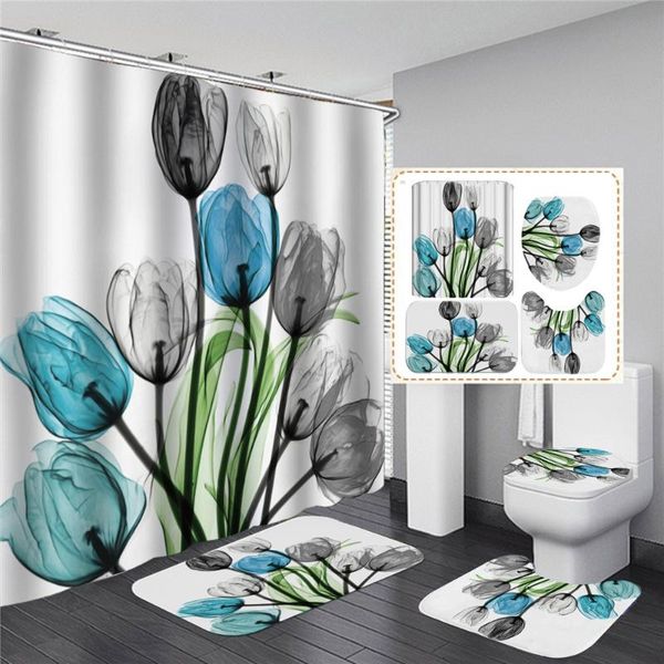 

shower curtains purple tulip floral printed curtain set elegant waterproof bathroom partition flannel anti -slip carpet rugs home decor
