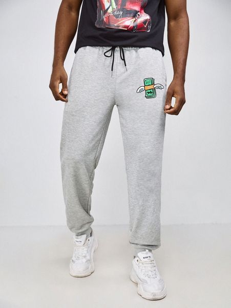 

romwe guys dollar graphic drawstring sweatpants z1ju#, Black