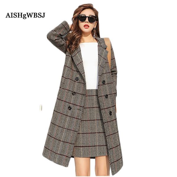 

women's suits & blazers aishgwbsj women spring woolen 2 piece long coats + skirt 2021 plaid office lady suit sleeve pl261, White;black