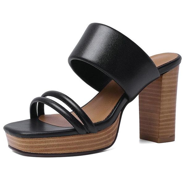 

slippers fashion female 2021 summer thick high heels genuine leather sandals for women party prom casual shoes woman, Black