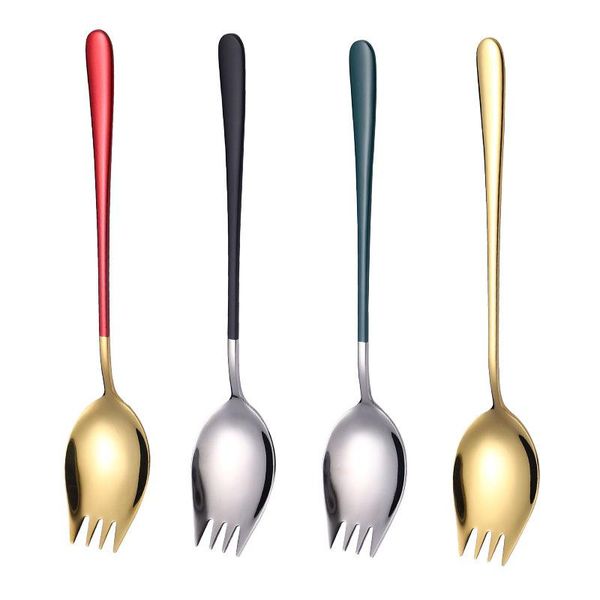 

spoons 2pcs 2 in 1 fork spoon multi-function camping tableware stainless steel cutlery salad unique gold dessert