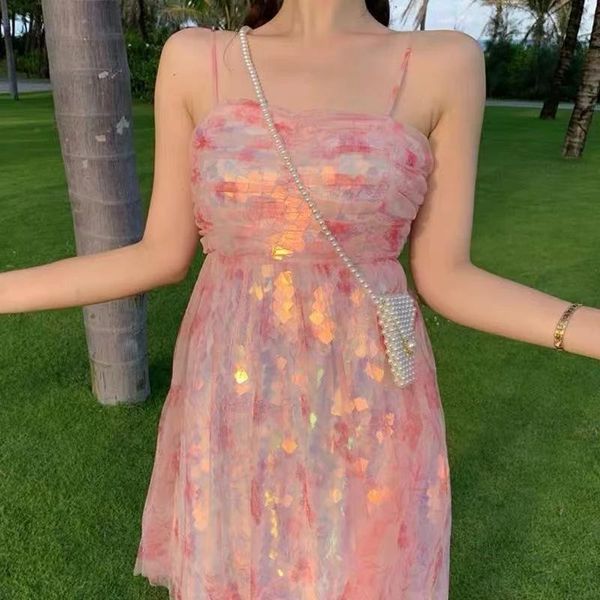 

casual dresses 2021 summer women rainbow sequined mini party dress backless printed mesh sundress sleeveless pink holiday feminine, Black;gray