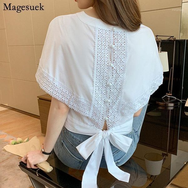 

women's blouses & shirts hollow out embroidered summer blouse batwing sleeve korean fashion shirt 2021 back bow elegant blusa feminina, White