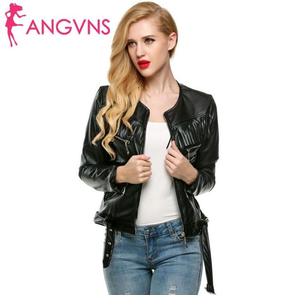 

women's jackets women fashion slim jacket plus size zip-up fringe faux long sleeve round neck solid female leather short outwear top, Black;brown