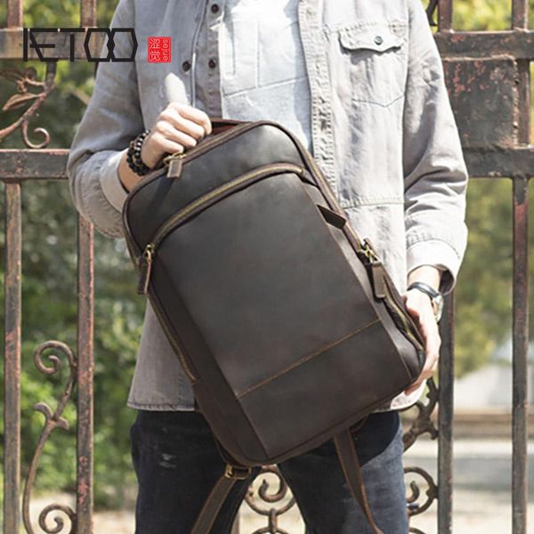 

retro casual leather backpack, male crazy horse first layer travel backpack