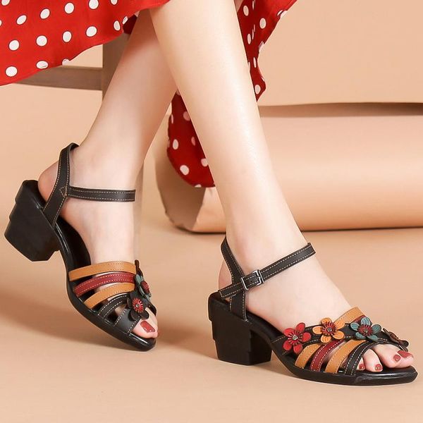 

summer women sandals genunie leather platform high heel flower peep toe buckle casual beach ladies shoes zapatos de mujer, Black
