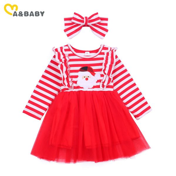 1-6y criança criança criança bebê menina vestido vermelho listrado Santa manga comprida tutu vestidos de festa para trajes infantis 210515