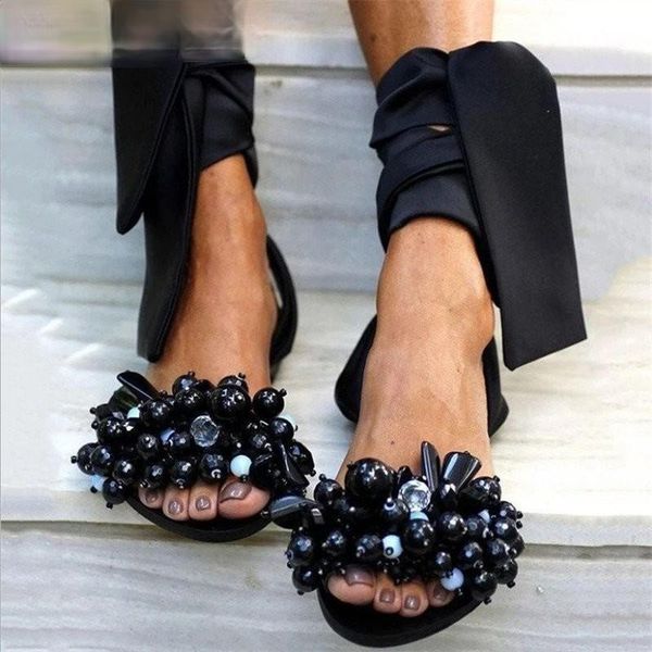 

sandals women summer fashion women's 2021 flat ankle strap beaded shoes casual comfort beach, Black