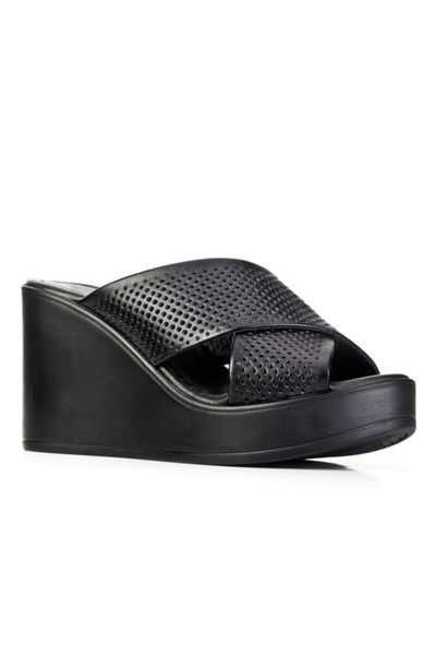 

slippers women's black leather 8 cm wedges laser detailed cross band casual